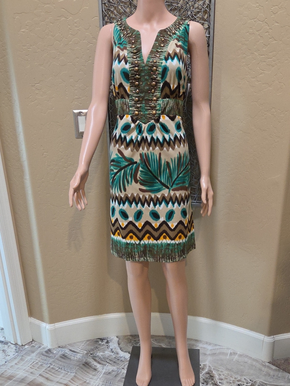Signature By Robbie Bee Teal, Beige & Brown Beaded V-Neck Palm Shift Dress